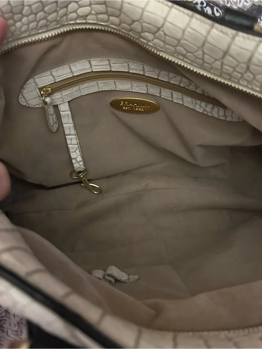 Brahmin White Croc-Embossed Satchel with Black Trim